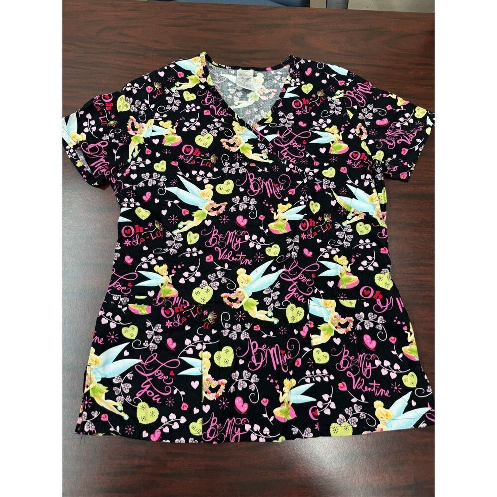 Disney Tinkerbell Valentines Day V-Neck Scrub Top Size Small